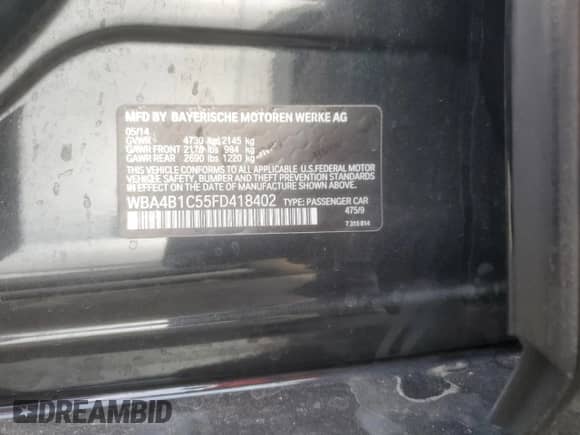 2015 BMW 4 Series 435i with VIN WBA4B1C55FD418402, listed as a Copart auction lot 70165175 with Not provided miles and Clean title. Bid and sale history available at DreamBid. Image 12.