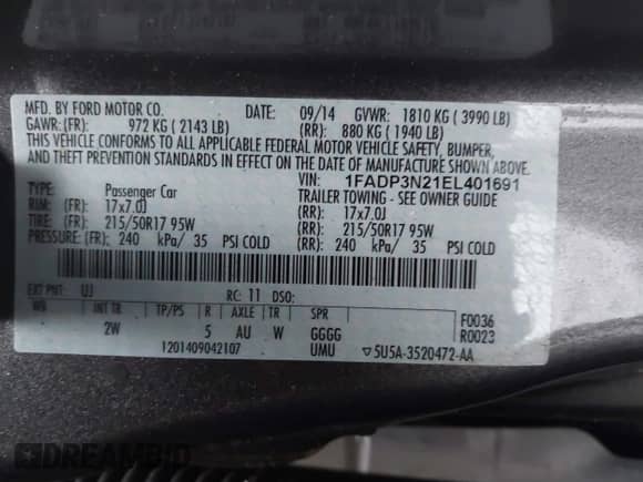 2014 Ford Focus Titanium with VIN 1FADP3N21EL401691, listed as a IAAI auction lot 41531275 with 116,602 mi miles and . Bid and sale history available at DreamBid. Image 9.