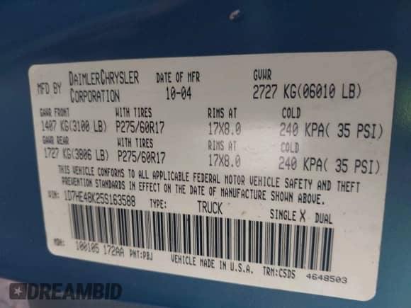 2005 Dodge Dakota SLT с VIN 1D7HE48K25S163588, выставлен на аукционе IAAI как лот 42269518 с пробегом 177 850 миль миль и . История ставок и продаж доступна на DreamBid. Изображение 9.