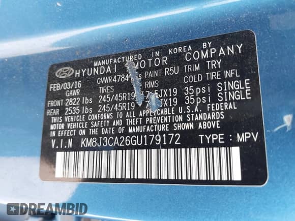 2016 Hyundai Tucson Limited with VIN KM8J3CA26GU179172, listed as a IAAI auction lot 43266807 with 70,784 mi miles and . Bid and sale history available at DreamBid. Image 9.