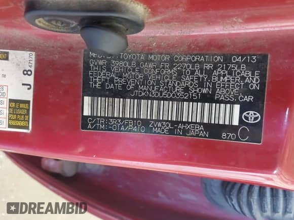 2013 Toyota Prius One with VIN JTDKN3DU5D0352151, listed as a IAAI auction lot 43346748 with 244,707 mi miles and . Bid and sale history available at DreamBid. Image 9.