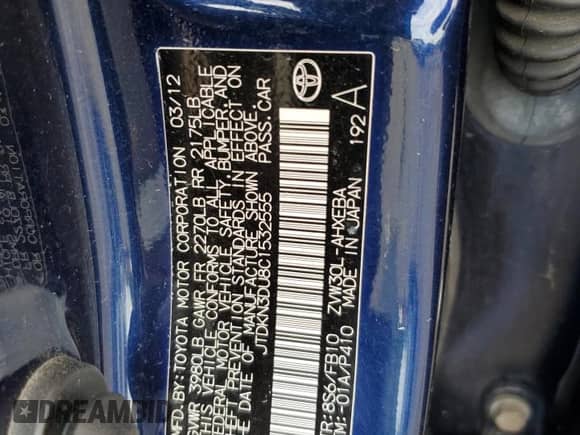 2012 Toyota Prius One z VIN JTDKN3DU8C1532555, wystawiony jako Copart lot #84183375 z przebiegiem Nie podano mil oraz Szkoda całkowita • Salvage title. Historia ofert i sprzedaży dostępna na DreamBid. Obrazek 12.