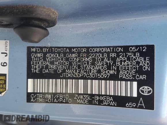 2012 Toyota Prius z VIN JTDKN3DP7C3015097, wystawiony jako Copart lot #83981635 z przebiegiem 84 205 mil mil oraz Szkoda całkowita • Salvage title. Historia ofert i sprzedaży dostępna na DreamBid. Obrazek 12.
