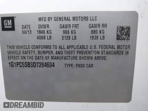 2013 Chevrolet Cruze 1LT with VIN 1G1PC5SB3D7284604, listed as a IAAI auction lot 43096744 with 93,553 mi miles and . Bid and sale history available at DreamBid. Image 9.