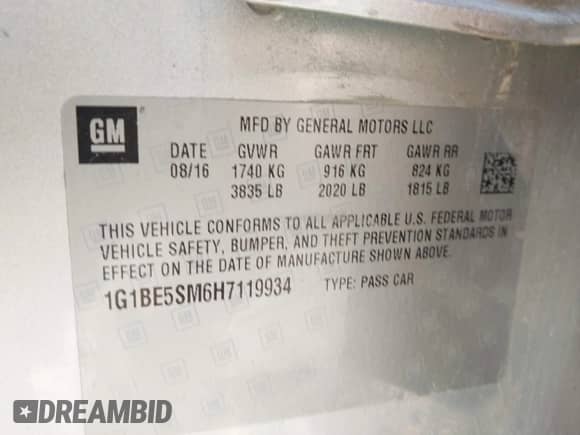 2017 Chevrolet Cruze LT with VIN 1G1BE5SM6H7119934, listed as a IAAI auction lot 43304658 with 95,844 mi miles and . Bid and sale history available at DreamBid. Image 9.