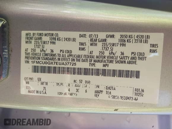 2014 Ford Escape SE with VIN 1FMCU0GX7EUA37725, listed as a IAAI auction lot 43318692 with 157,118 mi miles and . Bid and sale history available at DreamBid. Image 9.
