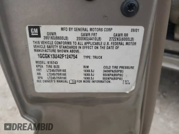 2002 Chevrolet Silverado 1500HD LT с VIN 1GCGK13U42F124754, выставлен на аукционе Copart как лот 47698515 с пробегом 239 762 миль миль и Списание • Salvage title. История ставок и продаж доступна на DreamBid. Изображение 12.