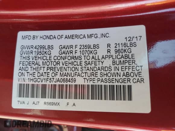 2018 Honda Accord EX-L z VIN 1HGCV1F57JA068459, wystawiony jako Copart lot #71120875 z przebiegiem 134 931 mil mil oraz Czysty tytuł • Clean title. Historia ofert i sprzedaży dostępna na DreamBid. Obrazek 12.