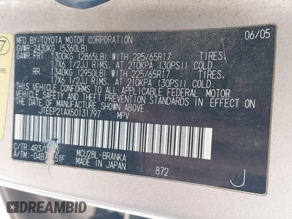 2005 Toyota Highlander with VIN JTEEP21AX50131797, listed as a IAAI auction lot 43449302 with 230,185 mi miles and . Bid and sale history available at DreamBid. Image 9.