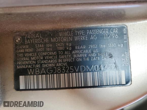 1997 BMW 7 Series 740iL with VIN WBAGJ8325VDM04352, listed as a Copart auction lot 70189534 with 129,463 mi miles and Salvage title. Bid and sale history available at DreamBid. Image 12.