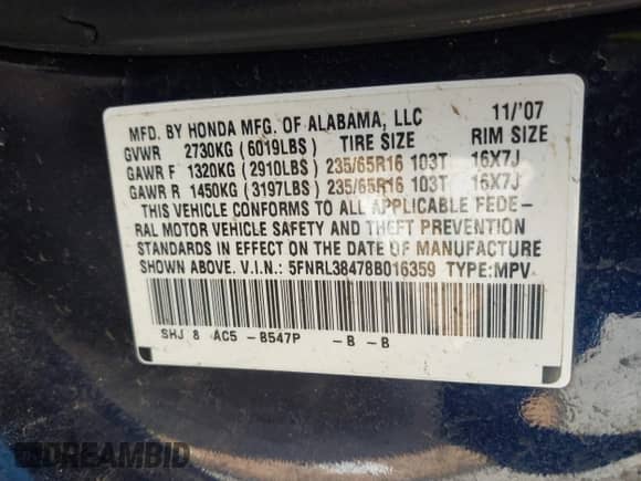 2008 Honda Odyssey EX z VIN 5FNRL38478B016359, wystawiony jako IAAI lot #43370109 z przebiegiem 170 812 mil mil oraz . Historia ofert i sprzedaży dostępna na DreamBid. Obrazek 9.