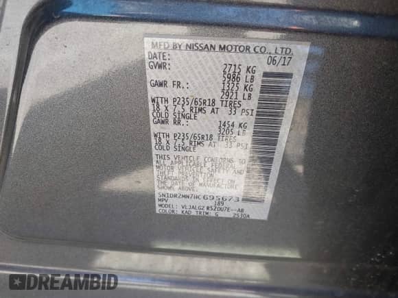 2017 Nissan Pathfinder S with VIN 5N1DR2MN7HC695673, listed as a IAAI auction lot 43000027 with 130,877 mi miles and . Bid and sale history available at DreamBid. Image 9.