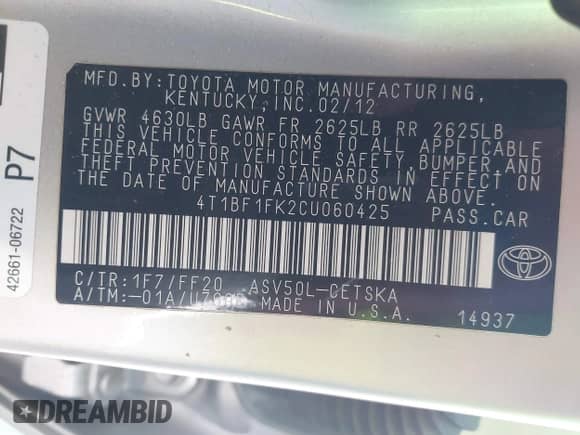 2012 Toyota Camry XLE with VIN 4T1BF1FK2CU060425, listed as a IAAI auction lot 43527450 with 197,181 mi miles and . Bid and sale history available at DreamBid. Image 9.