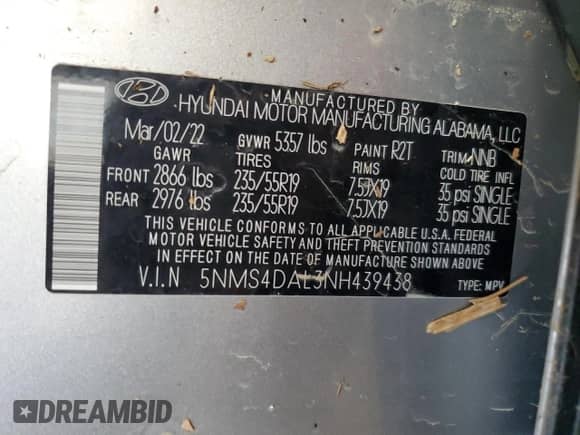 2022 Hyundai Santa Fe Limited с VIN 5NMS4DAL3NH439438, выставлен на аукционе Copart как лот 62466235 с пробегом 60 634 миль миль и Списание • Salvage title. История ставок и продаж доступна на DreamBid. Изображение 13.