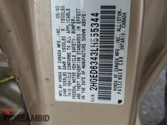 1990 Honda Civic with VIN 2HGED6343LH555344, listed as a Copart auction lot 51232765 with 217,533 mi miles and Salvage title. Bid and sale history available at DreamBid. Image 14.