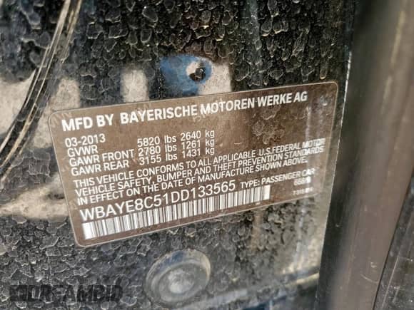 2013 BMW 7 Series 750Li with VIN WBAYE8C51DD133565, listed as a Copart auction lot 69298155 with 107,865 mi miles and Salvage title. Bid and sale history available at DreamBid. Image 13.