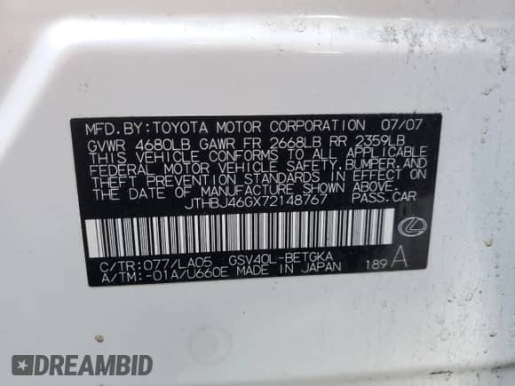 2007 Lexus ES 330 z VIN JTHBJ46GX72148767, wystawiony jako Copart lot #67109485 z przebiegiem 134 631 mil mil oraz Szkoda całkowita • Salvage title. Historia ofert i sprzedaży dostępna na DreamBid. Obrazek 13.