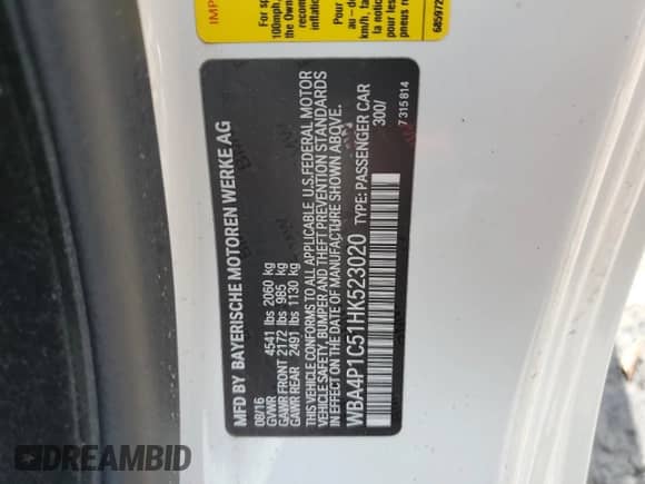 2017 BMW 4 Series 440i with VIN WBA4P1C51HK523020, listed as a Copart auction lot 56484595 with 202,207 mi miles and Salvage title. Bid and sale history available at DreamBid. Image 12.