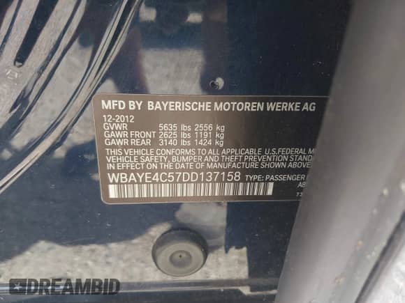 2013 BMW 7 Series 740Li with VIN WBAYE4C57DD137158, listed as a IAAI auction lot 42674845 with 117,567 mi miles and . Bid and sale history available at DreamBid. Image 9.
