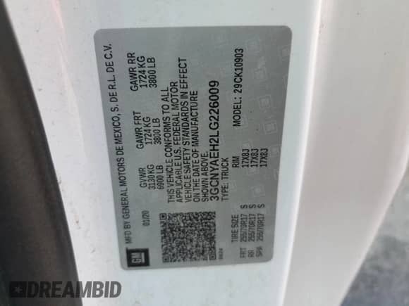 2020 Chevrolet Silverado 1500 Work Truck with VIN 3GCNYAEH2LG226009, listed as a Copart auction lot 71166224 with 91,211 mi miles and Salvage title. Bid and sale history available at DreamBid. Image 12.