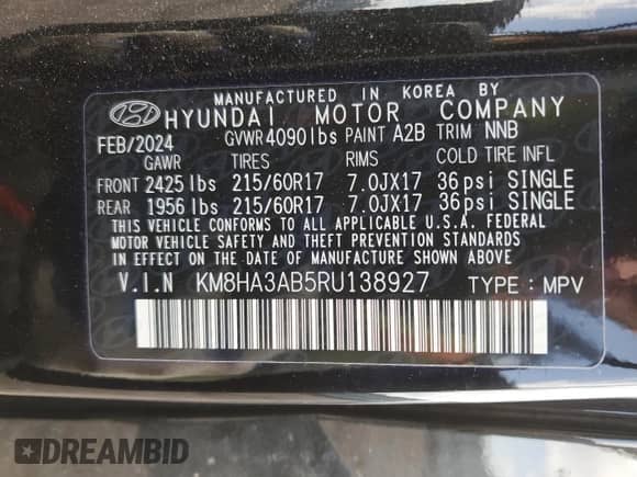 2024 Hyundai Kona SE с VIN KM8HA3AB5RU138927, выставлен на аукционе Copart как лот 72941824 с пробегом 8 104 миль миль и Списание • Salvage title. История ставок и продаж доступна на DreamBid. Изображение 14.