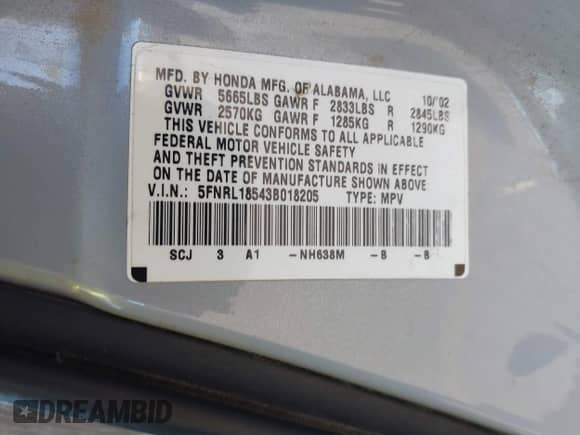 2003 Honda Odyssey LX с VIN 5FNRL18543B018205, выставлен на аукционе IAAI как лот 43022650 с пробегом 262 660 миль миль и . История ставок и продаж доступна на DreamBid. Изображение 9.