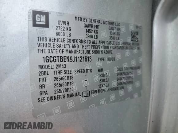 2018 Chevrolet Colorado 4WD Work Truck with VIN 1GCGTBEN9J1121613, listed as a Copart auction lot 71680335 with 76,617 mi miles and Salvage title. Bid and sale history available at DreamBid. Image 12.