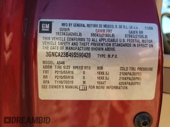 2009 Chevrolet HHR 1LT with VIN 3GNCA23B49S590428, listed as a Copart auction lot 76938344 with 142,357 mi miles and Salvage title. Bid and sale history available at DreamBid. Image 15.
