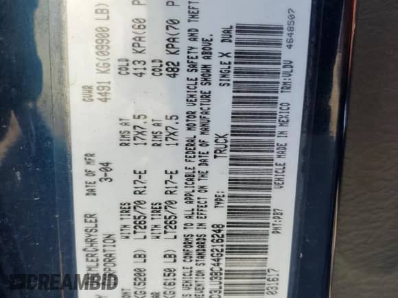 2004 Dodge RAM with VIN 3D3LU38C44G216248, listed as a Copart auction lot 79749884 with 292,598 mi miles and Salvage title. Bid and sale history available at DreamBid. Image 12.