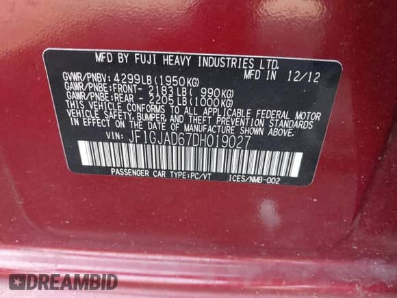 2013 Subaru Impreza Premium with VIN JF1GJAD67DH019027, listed as a IAAI auction lot 43042062 with 141,067 mi miles and . Bid and sale history available at DreamBid. Image 9.