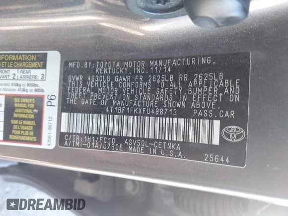 2015 Toyota Camry SE z VIN 4T1BF1FKXFU498713, wystawiony jako IAAI lot #43491138 z przebiegiem 211 840 mil mil oraz . Historia ofert i sprzedaży dostępna na DreamBid. Obrazek 9.