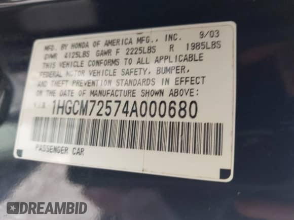 2004 Honda Accord EX с VIN 1HGCM72574A000680, выставлен на аукционе IAAI как лот 42985516 с пробегом 202 824 миль миль и . История ставок и продаж доступна на DreamBid. Изображение 9.