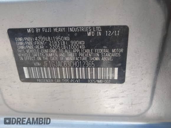 2012 Subaru Impreza Premium with VIN JF1GJAC63CH012365, listed as a IAAI auction lot 43413221 with 214,636 mi miles and . Bid and sale history available at DreamBid. Image 9.