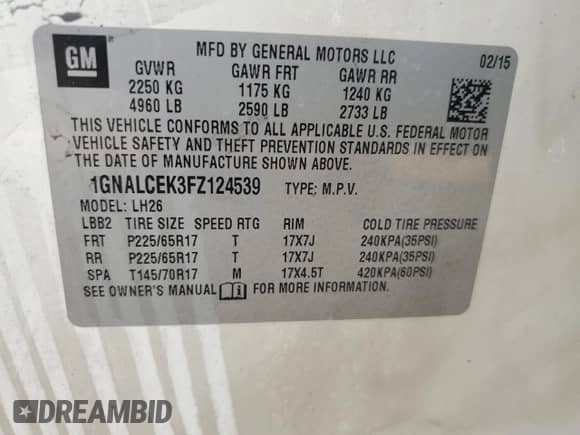 2015 Chevrolet Equinox LT z VIN 1GNALCEK3FZ124539, wystawiony jako Copart lot #69691915 z przebiegiem Nie podano mil oraz Nie do naprawy • Non repairable. Historia ofert i sprzedaży dostępna na DreamBid. Obrazek 13.