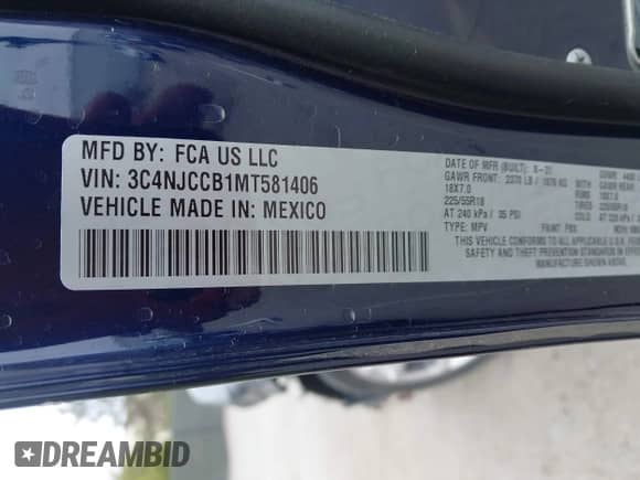 2021 Jeep Compass Limited with VIN 3C4NJCCB1MT581406, listed as a IAAI auction lot 41934159 with 22,967 mi miles and . Bid and sale history available at DreamBid. Image 9.