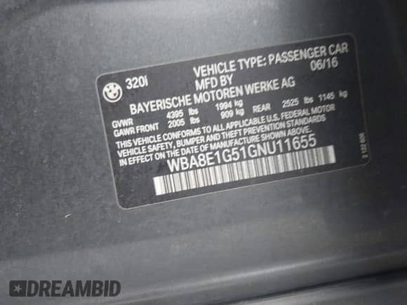 2016 BMW 3 Series 320i with VIN WBA8E1G51GNU11655, listed as a IAAI auction lot 42924402 with 133,264 mi miles and . Bid and sale history available at DreamBid. Image 9.