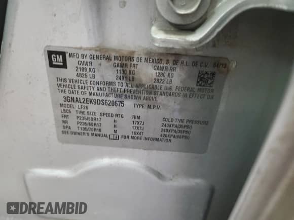 2013 Chevrolet Captiva Sport LS с VIN 3GNAL2EK9DS620675, выставлен на аукционе Copart как лот 60284214 с пробегом 241 208 миль миль и Чистый • Clean title. История ставок и продаж доступна на DreamBid. Изображение 13.