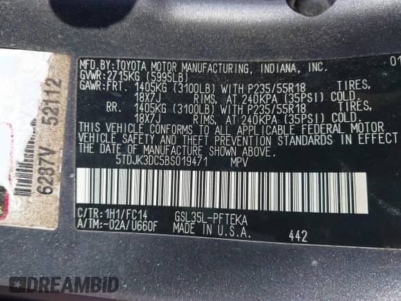 2011 Toyota Sienna LE with VIN 5TDJK3DC5BS019471, listed as a IAAI auction lot 43121145 with 214,140 mi miles and . Bid and sale history available at DreamBid. Image 9.