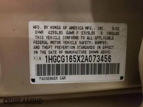 2002 Honda Accord EX with VIN 1HGCG165X2A073456, listed as a Copart auction lot 71791125 with Not provided miles and Salvage title. Bid and sale history available at DreamBid. Image 12.