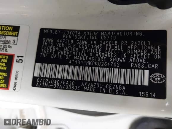 2019 Toyota Camry LE с VIN 4T1B11HK0KU264702, выставлен на аукционе IAAI как лот 43458729 с пробегом 44 228 миль миль и . История ставок и продаж доступна на DreamBid. Изображение 9.