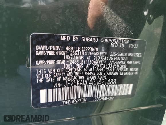 2024 Subaru Forester Touring z VIN JF2SKAMC4RH421488, wystawiony jako Copart lot #80871065 z przebiegiem 11 617 mil mil oraz Szkoda całkowita • Salvage title. Historia ofert i sprzedaży dostępna na DreamBid. Obrazek 13.