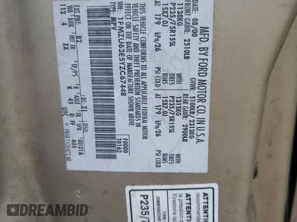 2000 Ford Explorer XLT with VIN 1FMZU63E5YZC67448, listed as a Copart auction lot 83935625 with 257,194 mi miles and Salvage title. Bid and sale history available at DreamBid. Image 13.