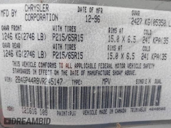 1997 Dodge Caravan SE с VIN 2B4GP44R8VR245147, выставлен на аукционе IAAI как лот 43528842 с пробегом Не указан миль и . История ставок и продаж доступна на DreamBid. Изображение 9.