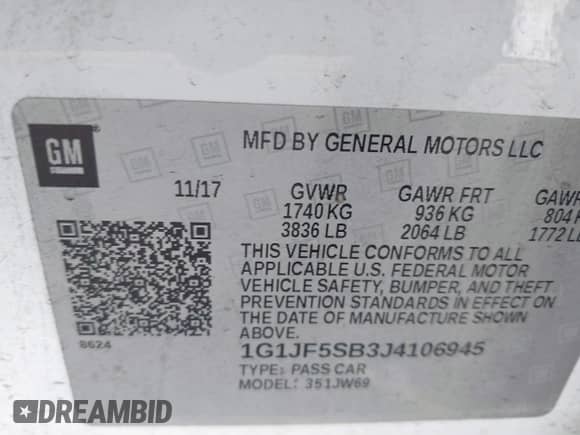 2018 Chevrolet Sonic Premier z VIN 1G1JF5SB3J4106945, wystawiony jako IAAI lot #43090914 z przebiegiem 116 456 mil mil oraz . Historia ofert i sprzedaży dostępna na DreamBid. Obrazek 9.