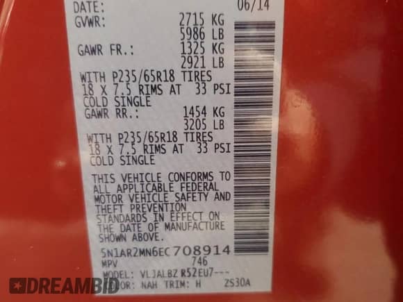 2014 Nissan Pathfinder S with VIN 5N1AR2MN6EC708914, listed as a Copart auction lot 86530865 with 100,981 mi miles and Salvage title. Bid and sale history available at DreamBid. Image 13.