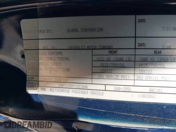 2000 Chevrolet Express Cargo YF7 z VIN 1GBFG15RXY1223806, wystawiony jako IAAI lot #42970685 z przebiegiem 127 934 mil mil oraz . Historia ofert i sprzedaży dostępna na DreamBid. Obrazek 9.