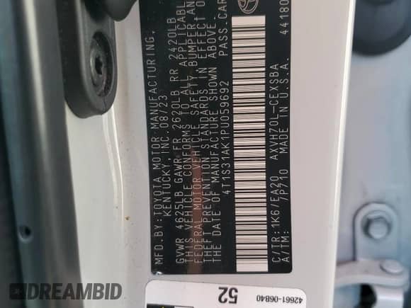 2023 Toyota Camry Hybrid SE with VIN 4T1S31AK1PU059692, listed as a Copart auction lot 70583585 with 41,181 mi miles and Salvage title. Bid and sale history available at DreamBid. Image 12.