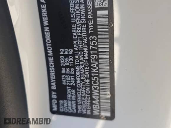 2019 BMW 4 Series 430i with VIN WBA4W3C51KAF91753, listed as a Copart auction lot 69364845 with 93,922 mi miles and Salvage title. Bid and sale history available at DreamBid. Image 12.