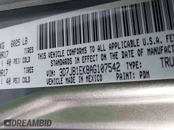 2010 Dodge 1500 ST with VIN 3D7JB1EK8AG107542, listed as a IAAI auction lot 43498127 with 118,339 mi miles and . Bid and sale history available at DreamBid. Image 9.