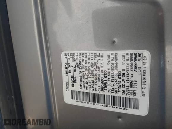 2011 Nissan Murano SL with VIN JN8AZ1MU1BW065425, listed as a IAAI auction lot 42313690 with Not provided miles and . Bid and sale history available at DreamBid. Image 9.